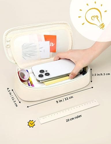 SUNEE Cute Pencil Case, Aesthetic Pen Pouch, Colored Large Pencil Bag with Zipper, Kawaii Stationery Storage and Organizer, School Supplies for Teen and Adult Girls, Beige thumbnail 3