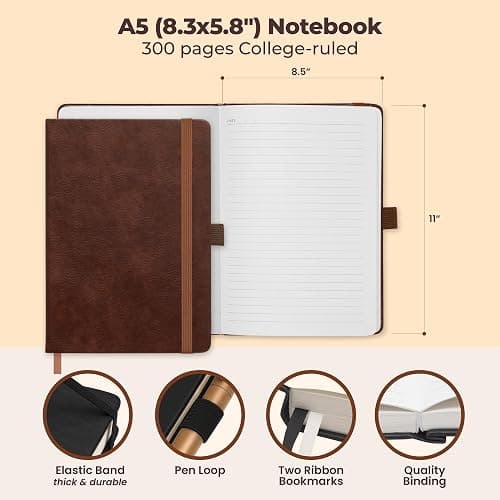 Lined Leather Bound Journal Notebook, A5 Hardcover - Brown 5.8x8.3" - Thick 300 Pages College Ruled Paper Journals for Men and Women - Personal and Professional Note Book for Writing & Journaling thumbnail 2