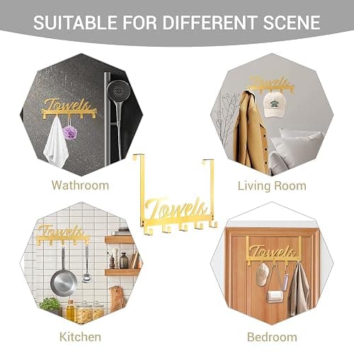 Azmoncy Over The Door Hooks, Towel Rack Towel Hooks for Bathroom, Towel Holder for Hanging Heavy Duty, Door Rack Over Door Hanger with 5 Coat Hooks for Bedroom Bathroom Kitchen（Light Gold） thumbnail 7