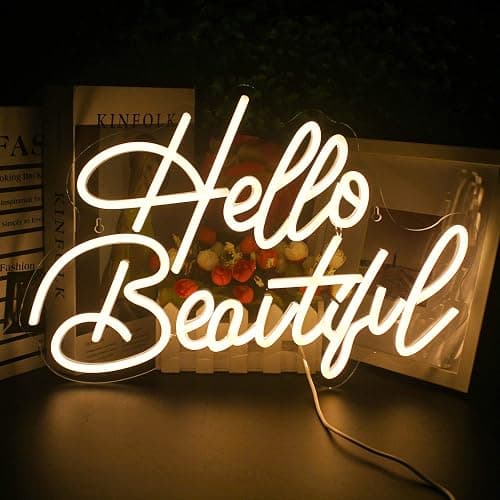 LooKLight Hello Beautiul Neon Sign,Warm White Neon Light Sign,Letters Wedding Neon Signs for Wall Decor,USB Powered Led Light Up Signs For Wedding Party Bedroom Birthday Beauty Salon - Image 1