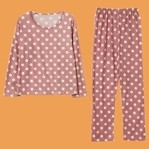 Womens Polka Dot Print Pajama Sets,Long Sleeves Round Neck Sleepwear+Soft Long Pants Cute Sexy Loungewear Nightwear Set - Pink - Medium thumbnail 2