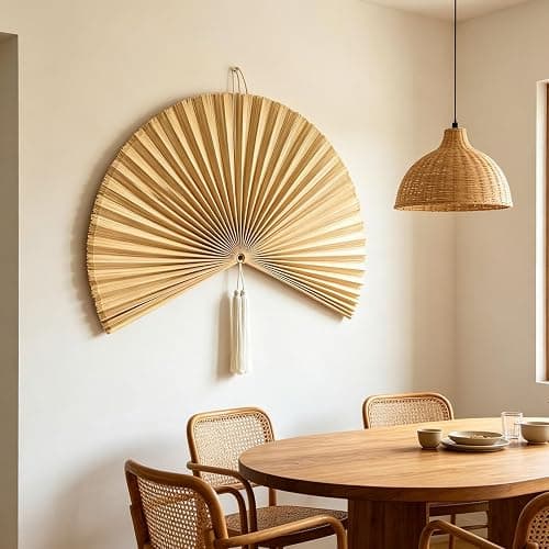 Large Wall Fan Decor, Giant Handcrafted Bamboo Folding Ornament, 30 Inch Oriental Chinese Style Hanging Art, Boho Room Accent for Bedroom, Living Area, Indoor, Above Bed, Headboard，Natural Straw thumbnail 2