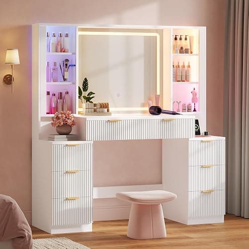 HAUOMS Big Vanity, Fluted Wood Makeup Vanity Desk with Mirror and Sound Sync LED Lights, Large Vanity Dressing Table, 8 Drawers, Charging Station for Girls, Women (White, 51.2" Width) - Image 1