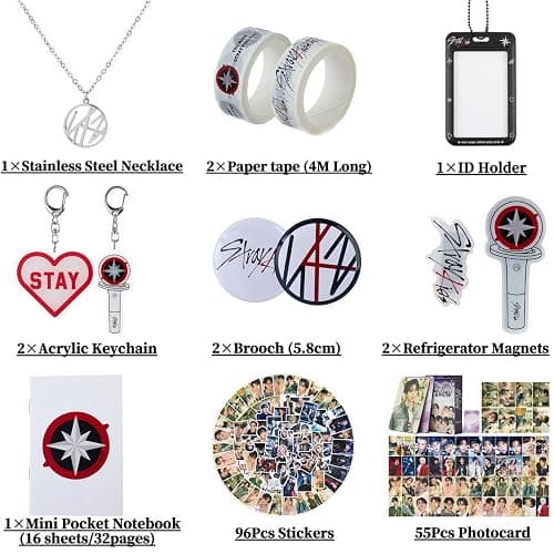 Yanmzmin Stray Merch Gifts Set, Including 55 Postcards, 96 Stickers, 2 Keychain, 2 Pins, 2 Paper Tape, 2 Fridge Magnet, ID Badge Holder, Pocket Notebook and Pendant for Skz's Stays Fans Gifts thumbnail 3