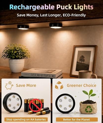 HOLKPOILOT Puck Lights with Remote, 2000mAh Battery Operated Rechargeable Under Cabinet Lighting, 3 Color Temps & 7 RGB Colors, Magnetic Closet Light, Black Wireless Puck Light for Kitchen, Shelf. thumbnail 2