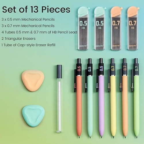Smooth Mechanical Pencil Set with Erasers, 6PCS Pastel Mechanical Pencils 0.5 & 0.7mm with 4 Tube HB Lead Refill, 2PCS Erasers and 10PCS Eraser Refills for School Supplies Writing (0.5mm+0.7mm) thumbnail 2