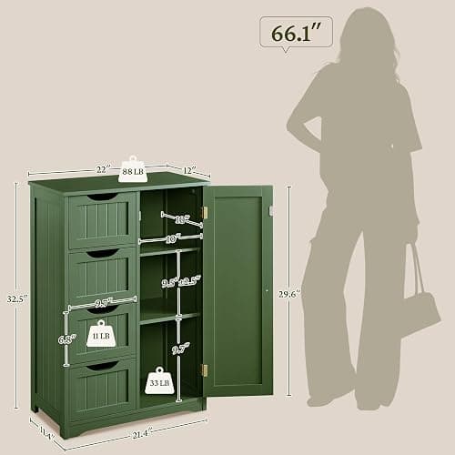 Yaheetech Wooden Bathroom Floor Cabinet, Side Storage Organizer Cabinet with 4 Drawers and 1 Cupboard, Freestanding Entryway Storage Unit Console Table, Bathroom Furniture Home Decor, Green thumbnail 3