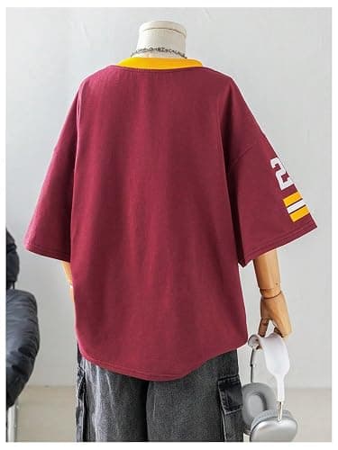 SOLY HUX Girl's Number Graphic Oversized Jersey Shirts V Neck Half Sleeve Y2k Tee Tops - 10 Years - Burgundy Number thumbnail 2