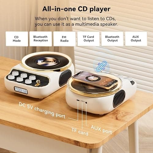 4 in 1 Retro Portable CD Player with Bluetooth Speakers,FM Radio,NightLight | CD Player With Dual Speakers Support TF Card/AUX for Home, Gift, LCD Display,4000mAh Battery,4 Loop Modes,Audio Transmission thumbnail 2