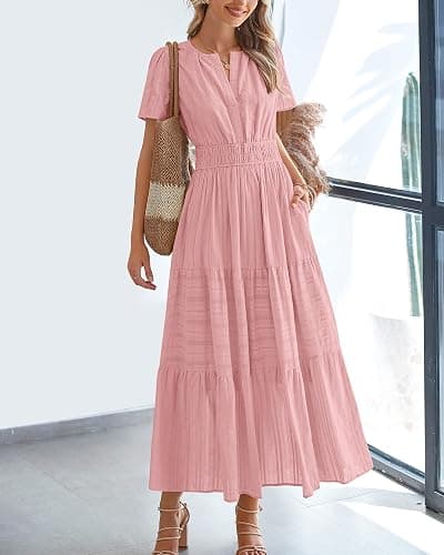 BTFBM Womens Summer 2026 Casual Midi Maxi Dresses Lightweight Short Sleeve V Neck Elastic Waist Boho Beach Dress Pockets thumbnail 2