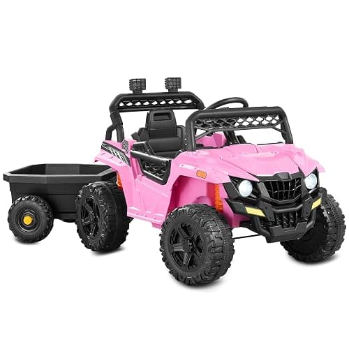 Best Choice Products Kids 12V Electric Ride On UTV Car and Trailer w/Parent Control, LED Lights, 2 Speeds, Bluetooth - Pink - Image 1