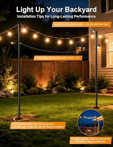 4 Pack String Light Poles for Outside, Thickened Metal Christmas Lights Hanger Pole Outdoor with Fork, Lighting Hanging Post Accessories for Patio Decor Garden Backyard Yard Outside Decorations thumbnail 5