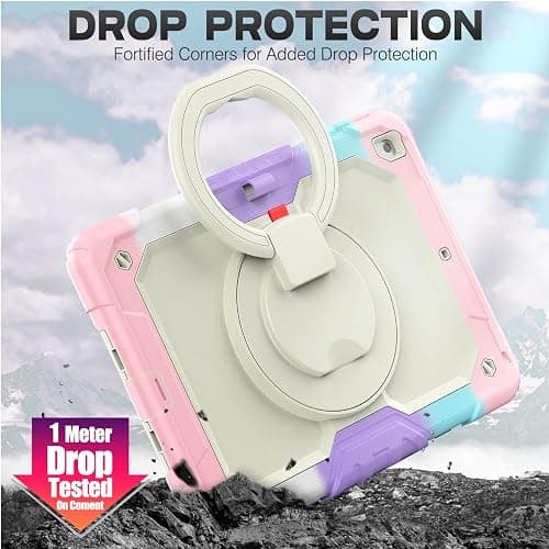 SEYMAC stock Shockproof Tablet Case for iPad 9th/8th/7th Generation 10.2 inch, Full-Body Drop Protection Case with Pencil Holder & [360 Ring Handle Stand] Screen Protector (Colorful Pink) thumbnail 5