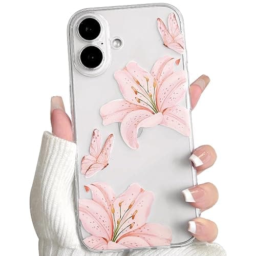 NITITOP Compatible with iPhone 16 Plus Case Clear Cute Butterfly Lily Flower Floral Pattern for Women Girls Full Camera Lens Clear Slim Shockproof Protective Phone Cover - Light Pink - Image 1