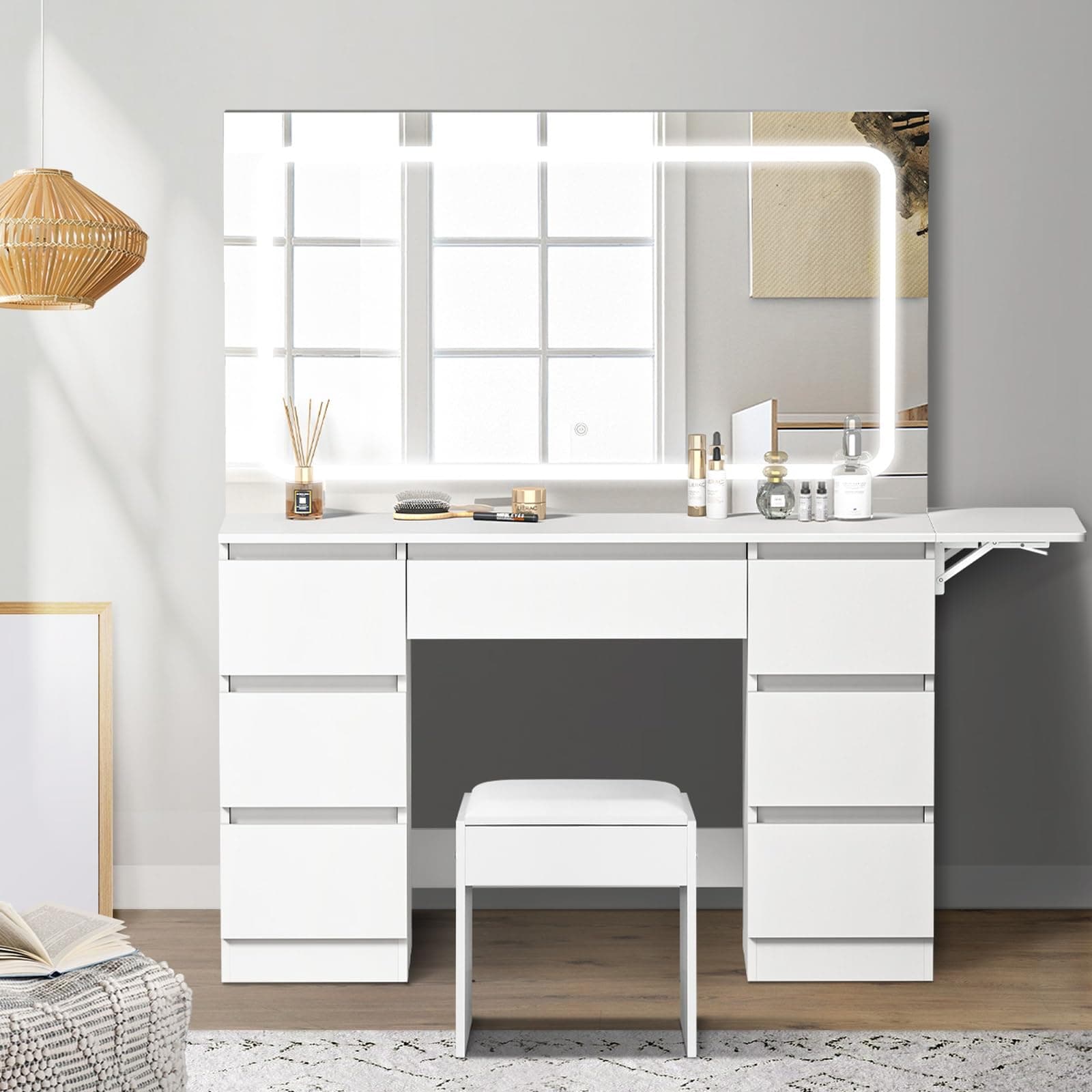 Oikiture Makeup Vanity with LED Light Mirror Dressing Table with 7 Drawers thumbnail 3