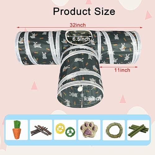 LUCKITTY Rabbit Tunnel Toy, Collapsible 3-Way Hideout Tunnel with Chew Toys for Rabbits, Guinea Pigs, Ferrets, Kittens & Small Pets - Gray & White Bunny Carrot Design Hideout (33"x20"x9.5") thumbnail 4