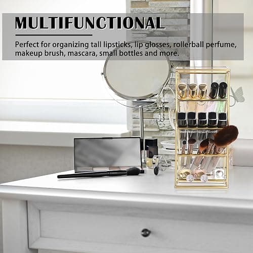 ELLDOO Rollerball Perfume Organizer, 4 Compartment Clear Glass Perfume Storage Holder Vintage Beauty Scent Holder, Metal Makeup Lipgloss Lipstick Display Case thumbnail 7
