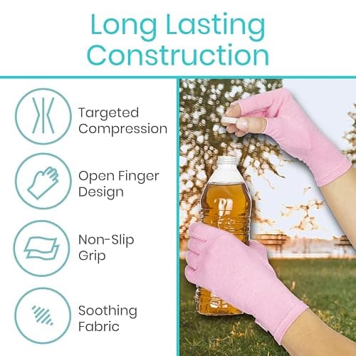 Vive Arthritis Gloves - Men, Women Rheumatoid Compression Hand Glove | Osteoarthritis- Arthritic Joint Pain Relief - Carpal Tunnel Wrist Support - Open Finger, Fingerless Thumb for Computer Typing thumbnail 6