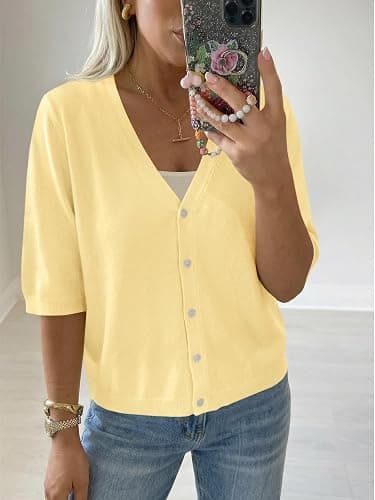 Saodimallsu Womens Half Short Sleeve Cardigans Lightweight V Neck Sweater | Summer Cardigans, Half Short Sleeve, Lightweight Knit, V Neck, Button Down, Casual Sweater Tops thumbnail 2