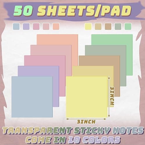 Jetec 500 Sheets Transparent Sticky Notes Bulk 3x3 Pastel See Through Sticky Notes Clear Books Annotation Tabs Self Adhesive Waterproof Translucent Memo Pad for Office Bible(Mixed Color,Vintage) thumbnail 3