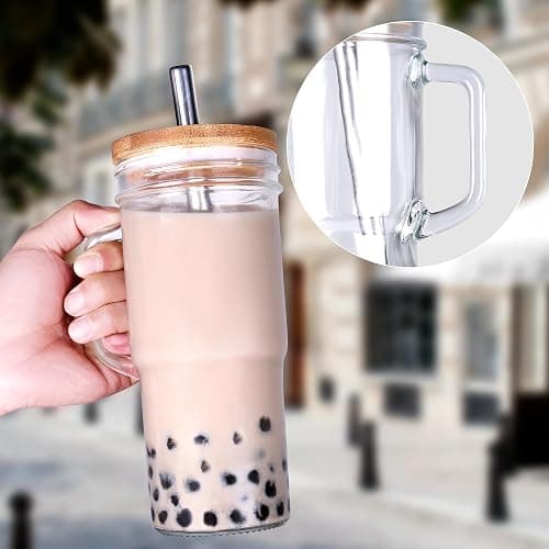 24oz Glass Cups with Lids and Straws - Glass Tumbler cup with bamboo lids and straw iced coffee cup thumbnail 4