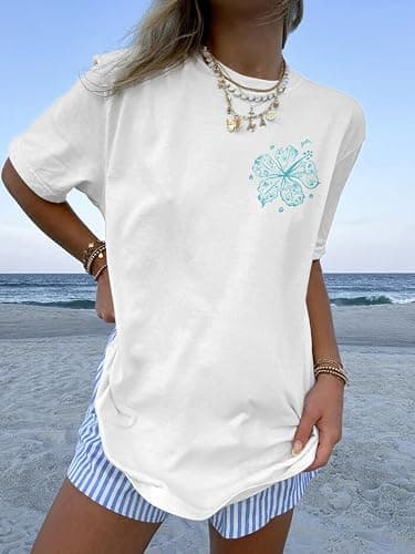 Oversized Graphic Tshirts for Women Teens Y2K Flower Short Sleeve Baggy Shirts Summer Aesthetic Beachy Coastal Tops thumbnail 3