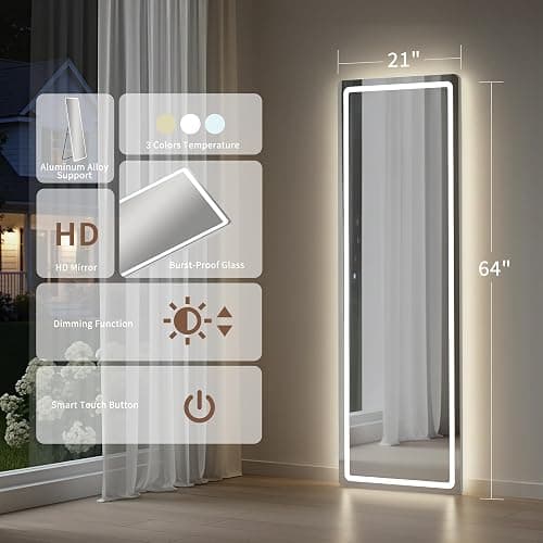 64"x21" Full Length Mirror with LED Lights, Mirrors with Dimming & 3 Color, Full Body Mirrors with Aluminum Alloy Thin Frame for Bedroom, Dressing Room thumbnail 2