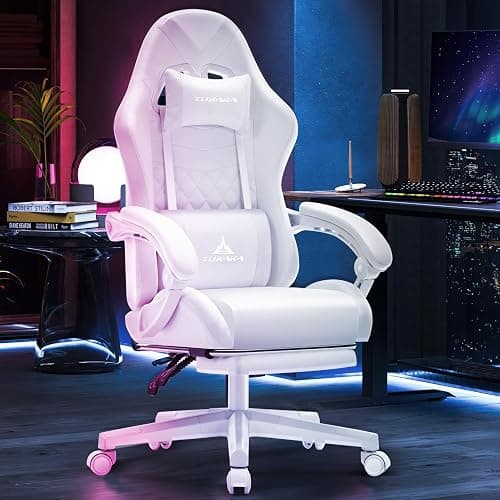 TUKAKA White Gaming Chair,Ergonomic Massage Computer Office Desk Chair with Footrest,Pocket Spring Cushion,Reclining Leather Adjustable Gamer Chair with Headrest and Lumbar Support,White thumbnail 2