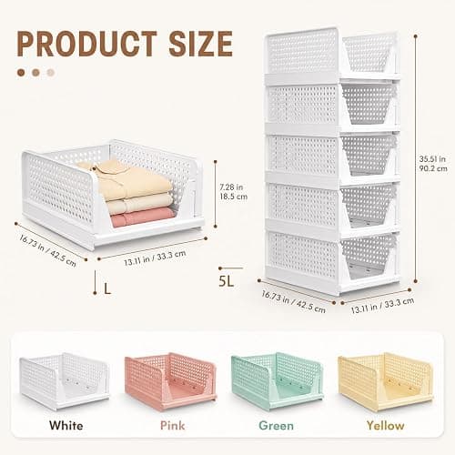 Upgraded Closet Organizers and Storage, Stackable Closet Organizer Basket | 5 Pack Foldable Closet Storage Bins for Bathroom Laundry Room Wardrobe Storage, Space-Saving Clothes Drawer Organizer thumbnail 3