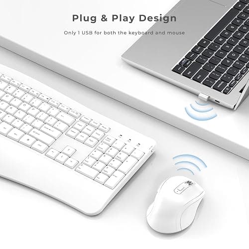 Ergonomic Keyboard and Mouse Combo, Full Size Cordless Computer Keyboard with Palm Wrist Rest Ergonomic Mouse for Windows Computers Laptops - White thumbnail 6