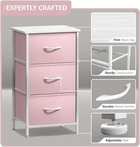 Sorbus Nightstand with 3 Drawers - Bedside Furniture & Accent End Table Chest for Home, Bedroom Accessories, Office, College Dorm, Steel Frame, Wood Top, Pastel Fabric Bins (Pink) thumbnail 4