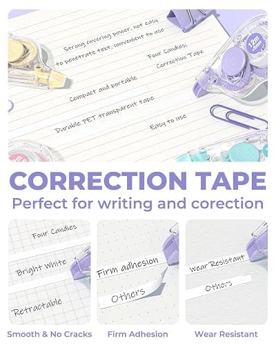 Four Candies White Correction Tape, 39.4 Feet, 4 Pack Easy to Use Applicator for Instant Corrections, Tear-Resistant, Smooth & Quick-Drying Tape for Office & School Supplies thumbnail 2