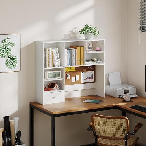ELUREVIA White Desk Hutch with Cork Board for Photos and Reminders, Dorm Desk Hutch with Drawers and Shelves, Desktop Bookshelf for College Dorm, Student Bedroom, Compact Study Spaces thumbnail 8