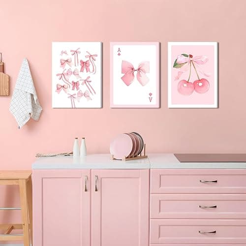 Trendy Pink Bows Canvas Wall Art Set of 3, Vintage Preppy Cherry Posters Prints, Pink Girly Room Aesthetic Wall Decor Painting for College Apartment Living Room Bedroom 12x16 In Framed thumbnail 9