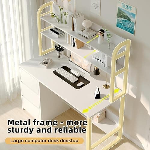 MaverickFurni White Desk with Hutch, 60 Inch Computer Desk with 3 Drawers for Bedroom, Study Writing Desk with Shelves for Small Places, Adjustable Feet thumbnail 5