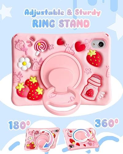 Boaretiu for iPad mini 7 A17 Pro Case for iPad mini 7th/6th Generation - Soft Silicone Cute Cartoon with Shoulder Strap & Rotating Stand Kawaii for Women Girls Girly Kid Teens Cover, Strawberry thumbnail 5