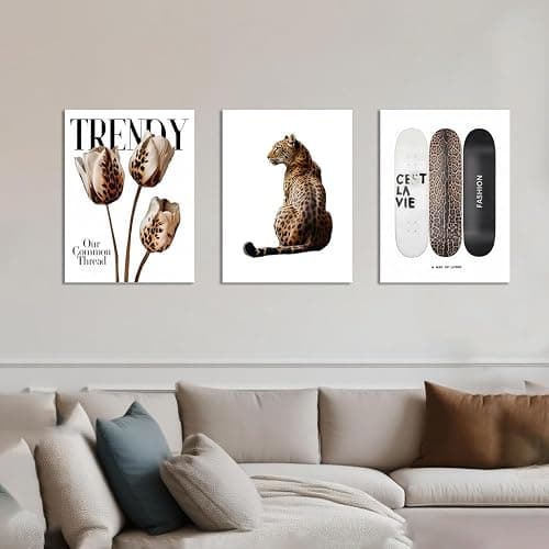Trendy Leopard Canvas Wall Art Set of 3 Cheetah Printed Preppy Fashion Skateboard Wall Decor Preppy Room Aesthetic posters Prints for Girls Bedroom Apartment Dorm 12x16in Framed Decoration thumbnail 9