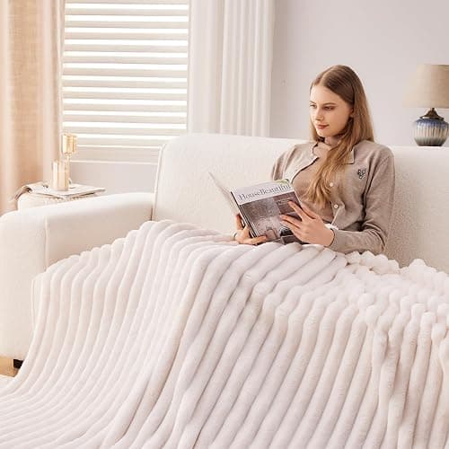 NEWCOSPLAY Super Soft Throw Blanket Ivory Premium Silky Flannel Fleece 3D Ribbed Jacquard Lightweight Bed Blanket All Season Use (Ivory Ribbed, Throw(50"x60")) thumbnail 5