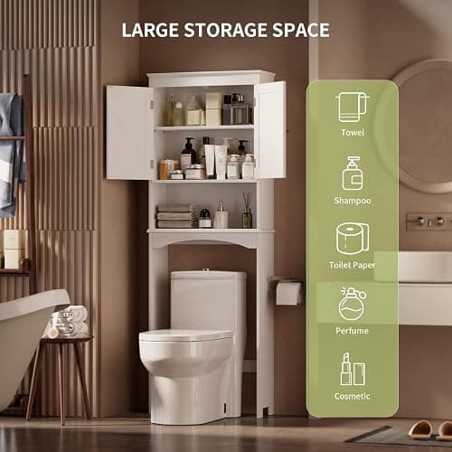 Gizoon Over The Toilet Storage Cabinet with Adjustable Shelf and Double Doors, Bathroom Space Saver Organizer Above Toilet with Open Shelf, Taller Wooden Free Standing Toilet Rack -White thumbnail 3