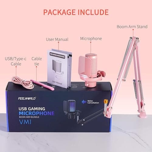 FEELWORLD VM1 Pink USB Gaming Condenser Microphone for pc, Boom Arm Stand | Noise Cancellation, Mute, RGB Light, Gaming Equipemnt, for Gifts YouTube Twitch Podcast Streaming Recording thumbnail 7