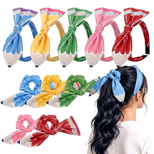 Rivvlive 10 Pcs Back to School Pencil Teacher Headband Girls Hair Bow Ties | Scrunchie Hairbands Set, First Day of School Hair Accessories, Kindergarten Outfits for Kids Teen Girls, Teacher Student Gift - Image 1