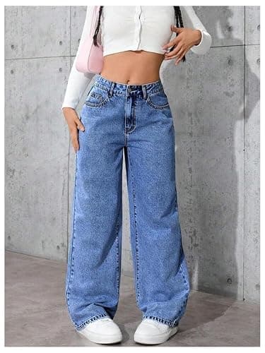 GORGLITTER Girl's Cute Baggy Wide Leg Jeans Elastic High Waisted Denim Pants Bottoms with Pockets thumbnail 5