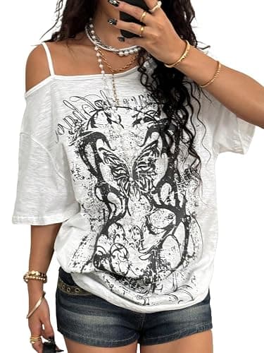 SOLY HUX Women's Off The Shoulder Tops Y2K Graphic Tees Short Sleeve Oversized Going Out T-Shirts Streetwear - Image 1