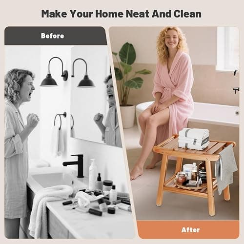 Bamboo Shower Stool Bench,Shower Chair for Inside Shower with Storage Shelf | Natural Bamboo,Large Storage,Ergonomic Curved Design,A-Shaped Stable Construction,Non-Slip Rubber Feet,Hold 300lbs thumbnail 6