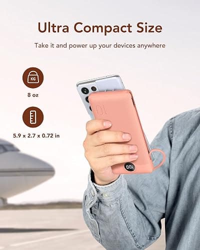VEGER Portable Charger with Built-in AC Plug and Cables, All in One 10000mAh Ultra Slim Power Bank Travel Essentials, Fast Charging Battery Pack Compatible with iPhone, Samsung, More(Dark Pink) thumbnail 8