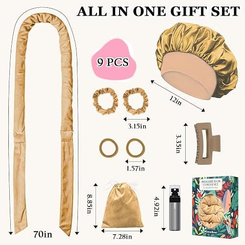 Gwabee 70" Soft Hair Curlers for Overnight Curls - No Heat Curl Wrap with 9 Rods for Long Hair, Khaki thumbnail 5