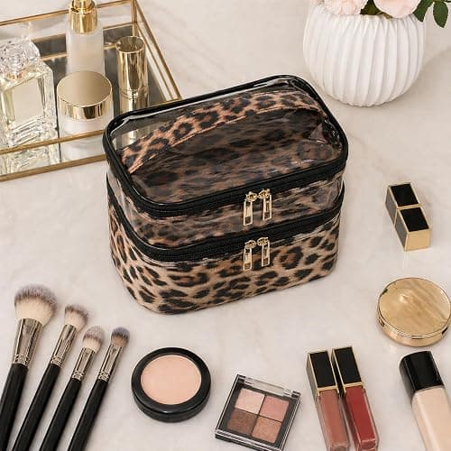imerelez Double-layer Cosmetic Bag Makeup Bag Travel Makeup Bag Makeup Bags for Women Cosmetics Cases Portable Waterproof Foldable (Leopard) thumbnail 5