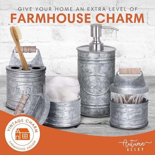 Autumn Alley Rustic Bathroom Accessories Set 4 - Galvanized Soap Dispenser, Rustic Toothbrush Holder, 2 Apothecary Jars Qtip Holder - Western Bathroom Decor – Farmhouse Bathroom Decor Accessories thumbnail 4