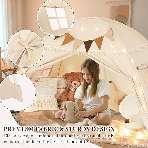 Twin Size Bed Tent Canopy, Kids Play Tent with Flags & Star Lights, Canopy on Bed Privacy Space Sleeping Blackout Tents, Indoor Breathable Portable & Foldable, Girls & Boys Gifts, Cream Tassels Style thumbnail 4
