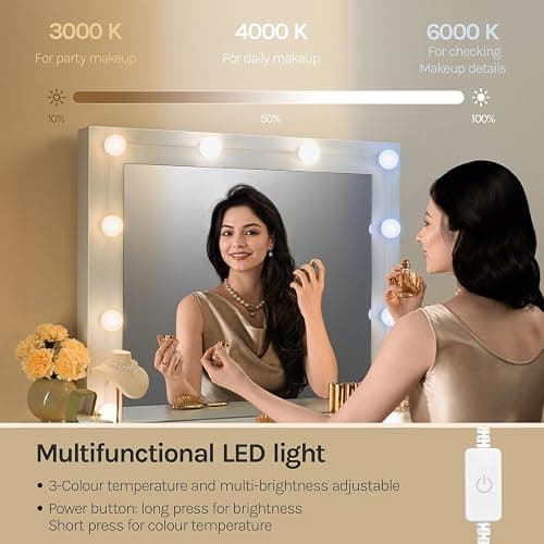 WOLTU Dressing Table with LED Bulb Lights, Adjustable Brightness, Vanity Table Makeup Desk with Large Mirror and 7 Drawers, 107 x 140.5 x 39.5 cm, White Bedroom Dresser, MB6099ws thumbnail 5